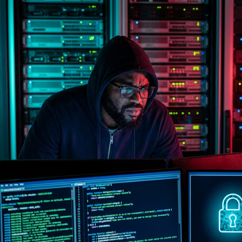 Cyber security expert monitoring screens